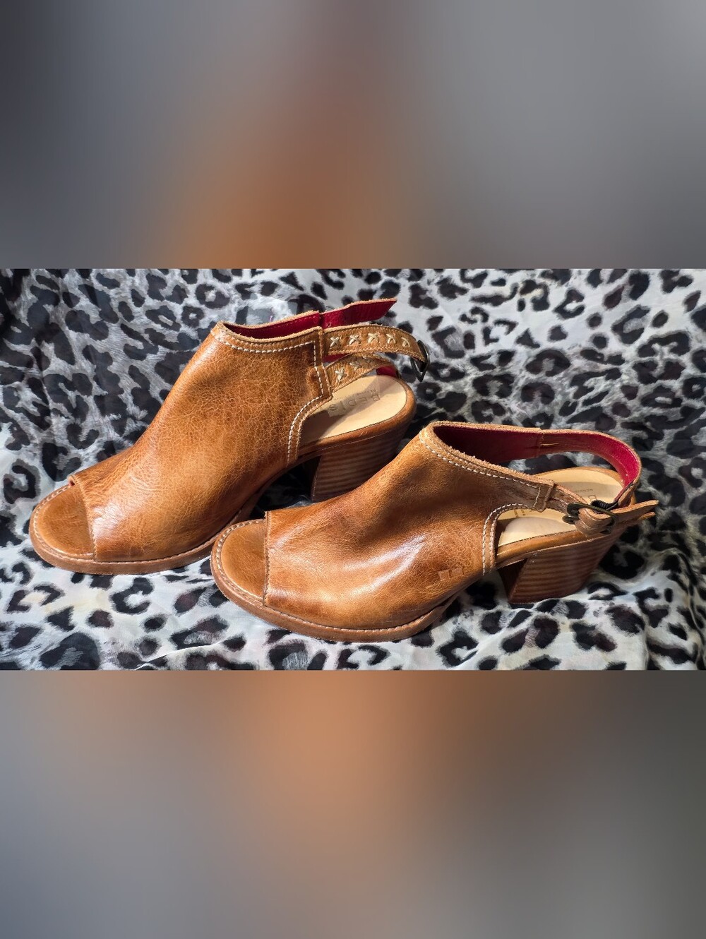 Bed|Stü Ireni Tan Rustic Leather Slingback Peep Toe Heels Sz 40 Handmade